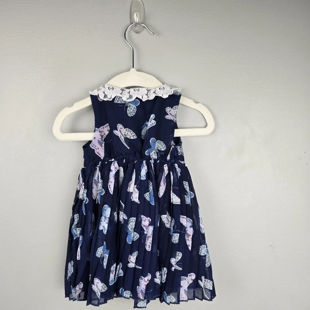 BABY‎ BERI Pleated Whimsical Dress Lace Collar Butterfly Navy Baby Girls 6-9 M
